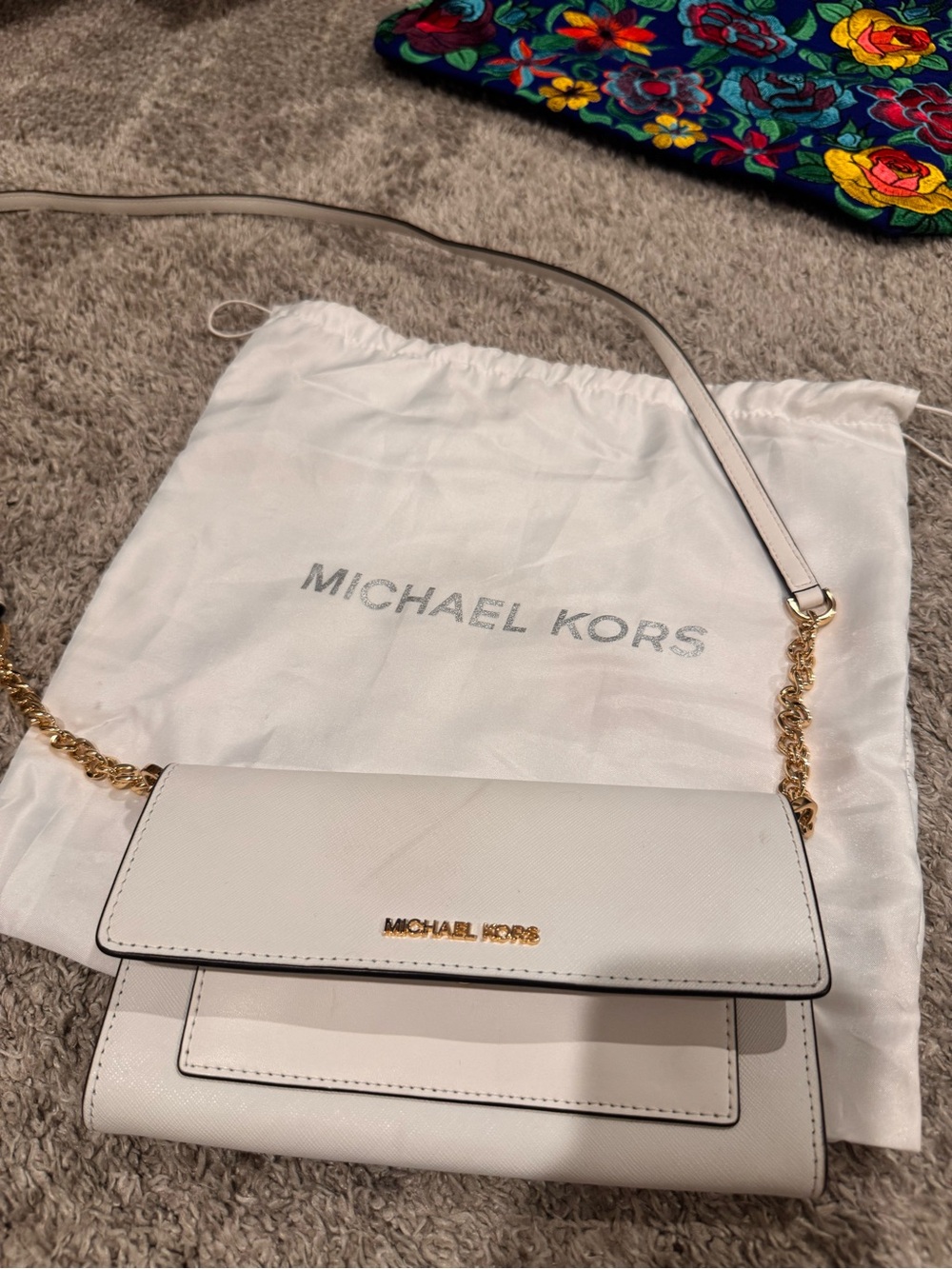 Michael Kors White Leather Crossbody with Gold Chain Strap